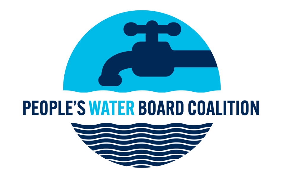 People's Water Board logo. Design is circular. The top half is light blue with a dark blue faucet. The bottom half is dark blue lines that look like waves. in the middle it reads "People's Water Board Coalition"