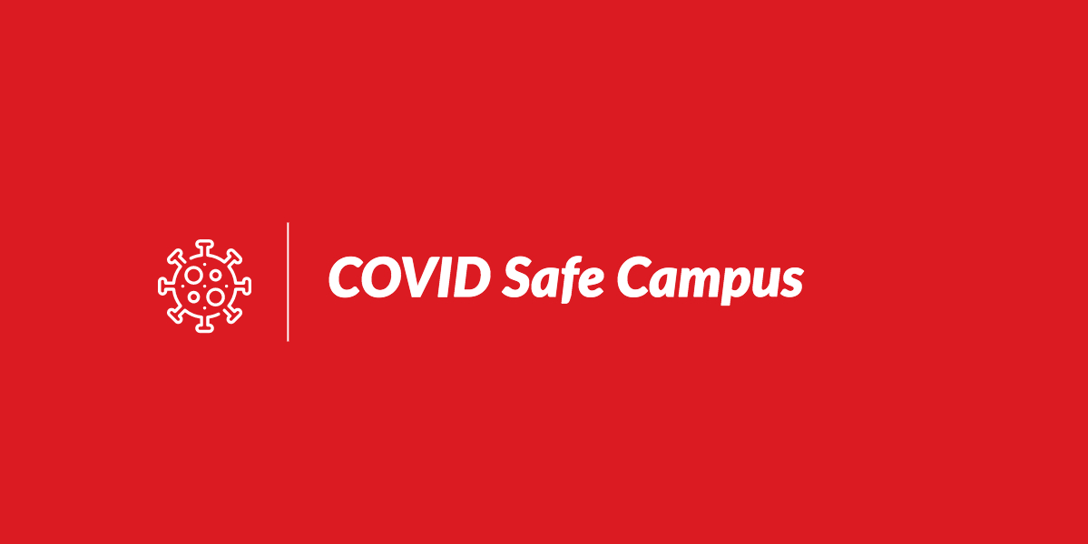 Banner of COVID Safe Campus' logo, depicting the outline of a COVID-19 spike protein accompanied by the organization's name on a red background