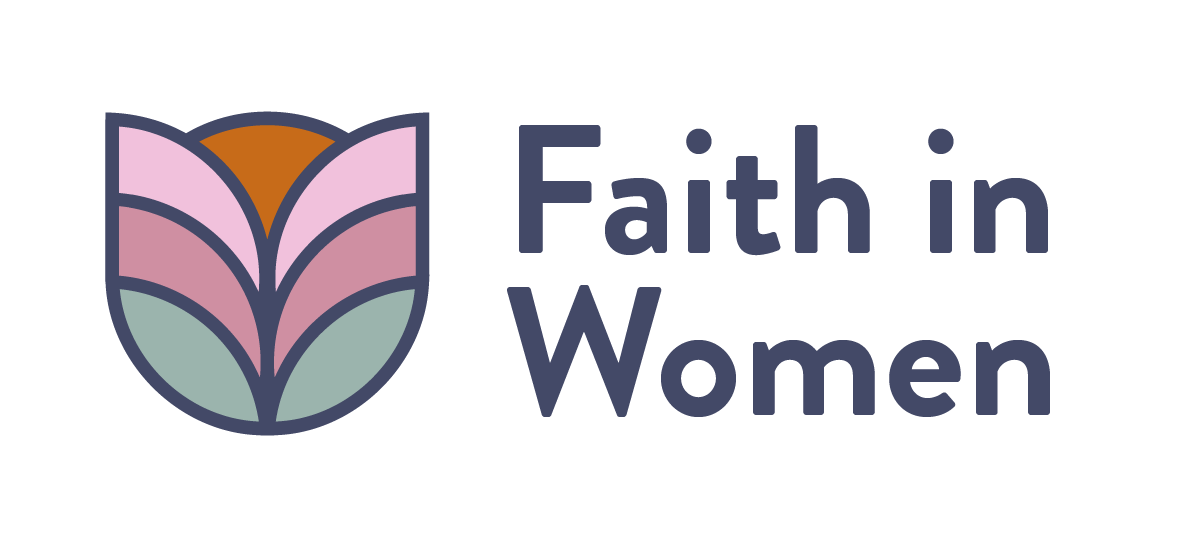 A pink, teal, and orange flower next to the text Faith In Women