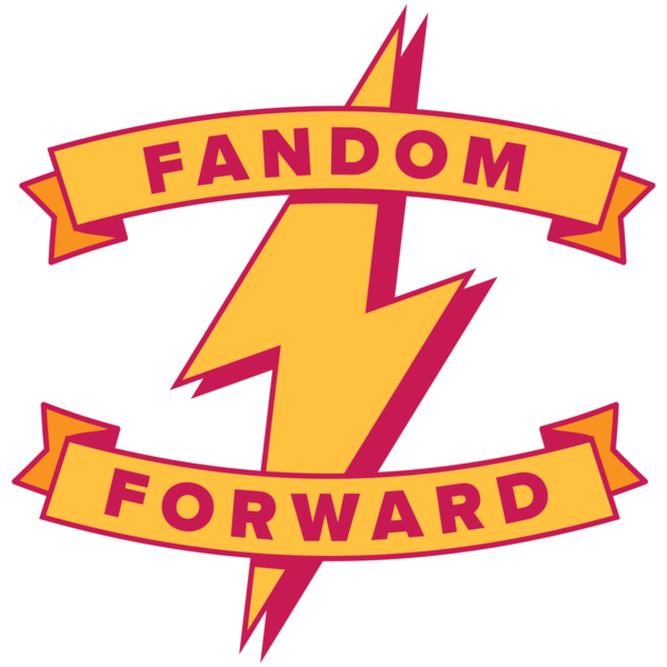 A lightning bolt wrapped in two banners. The top banner reads "Fandom" and the lower banner reads "Forward"