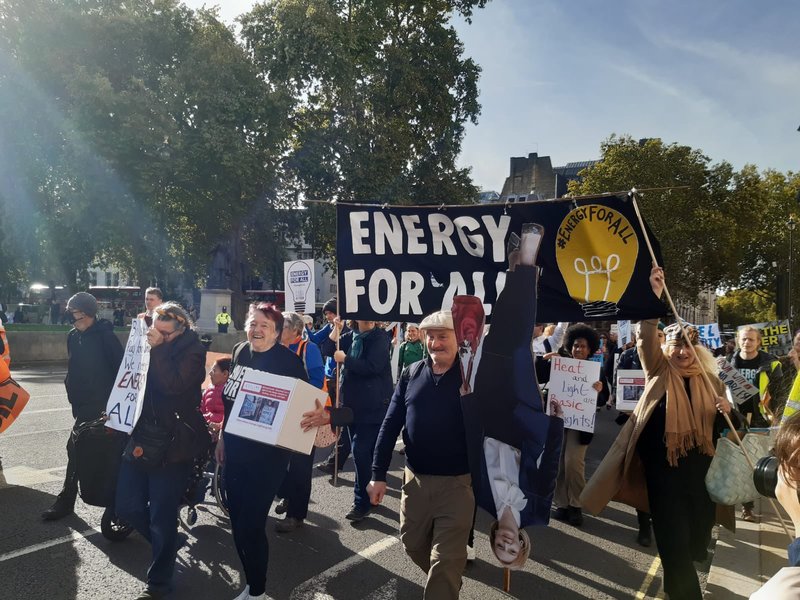 Fuel Poverty Action march in Westminster with Energy For All banner.