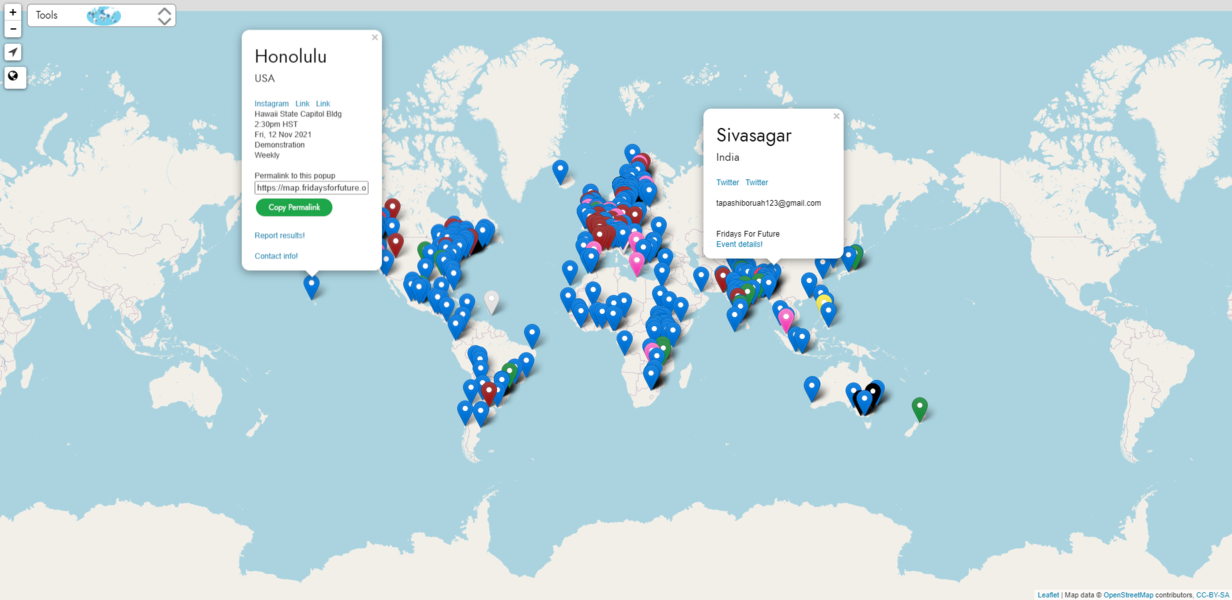 The fridays for future map, showing the pins of climate actions around the world