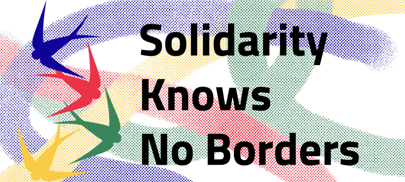 Red, green, blue and yellow lines are in the background behind images of birds and the text Solidarity Knows No Borders