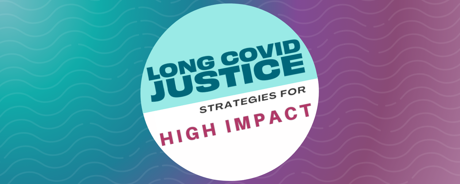 two white outlined overlapping ovals on a yellow background with the flat part facing up and the words "long covid justice" in bold and all caps above them 