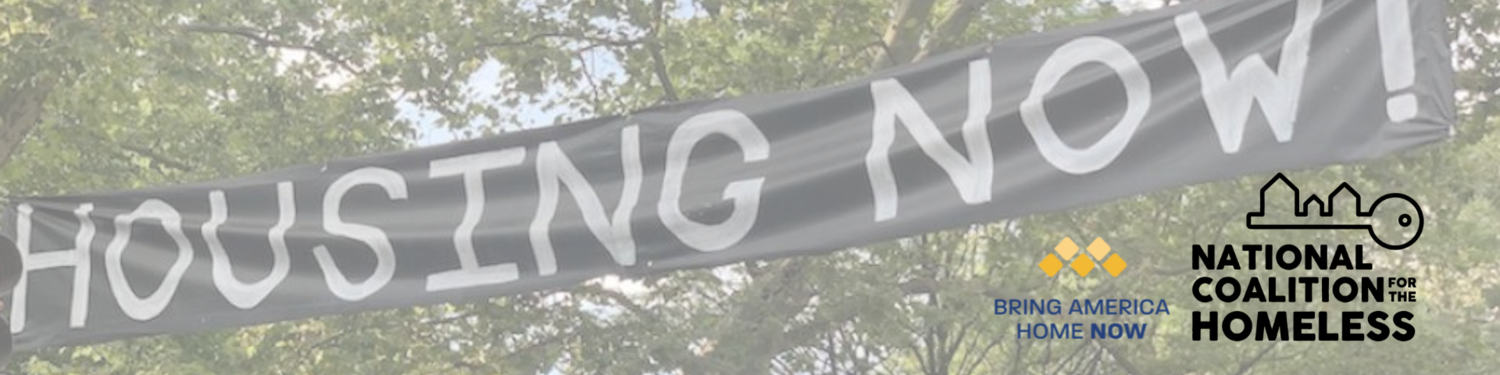 Image of a banner with trees on either side, the banner says, housing now
