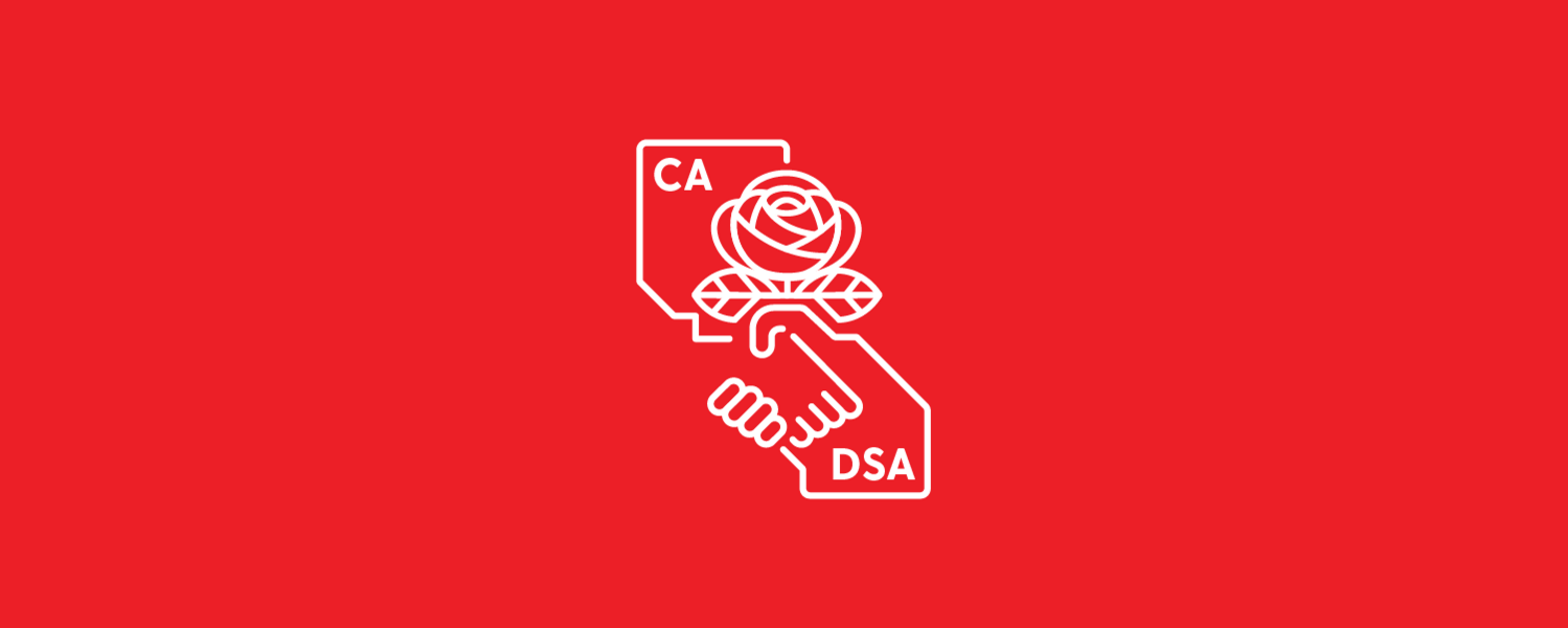 California DSA logo - shape of two hands shaking that form the shape of California adorned with a rose