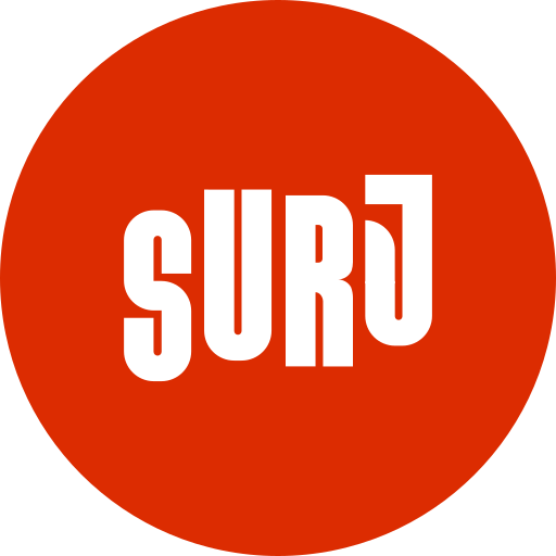 Red circle with white text spelling SURJ