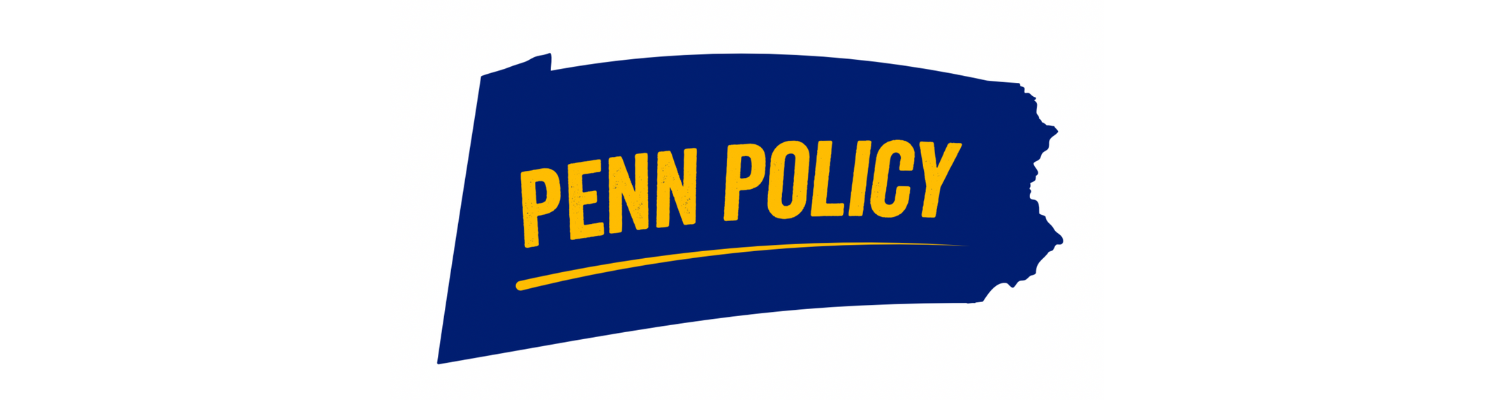 A white background with a dark blue and yellow logo on it. The logo is in the shape of Pennsylvania, and has text reading "Penn Policy"