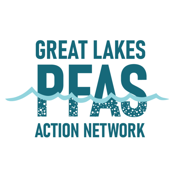 The words "Great Lakes PFAS Action Network" in blue with a wave and bubble design
