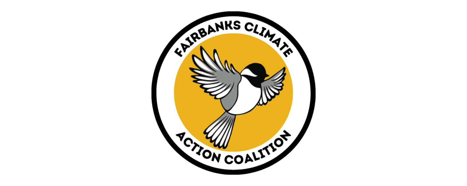 FCAC Logo, Chickadee Bird surrounded by text in a circle that read Fairbanks Climate Aciton Coalition