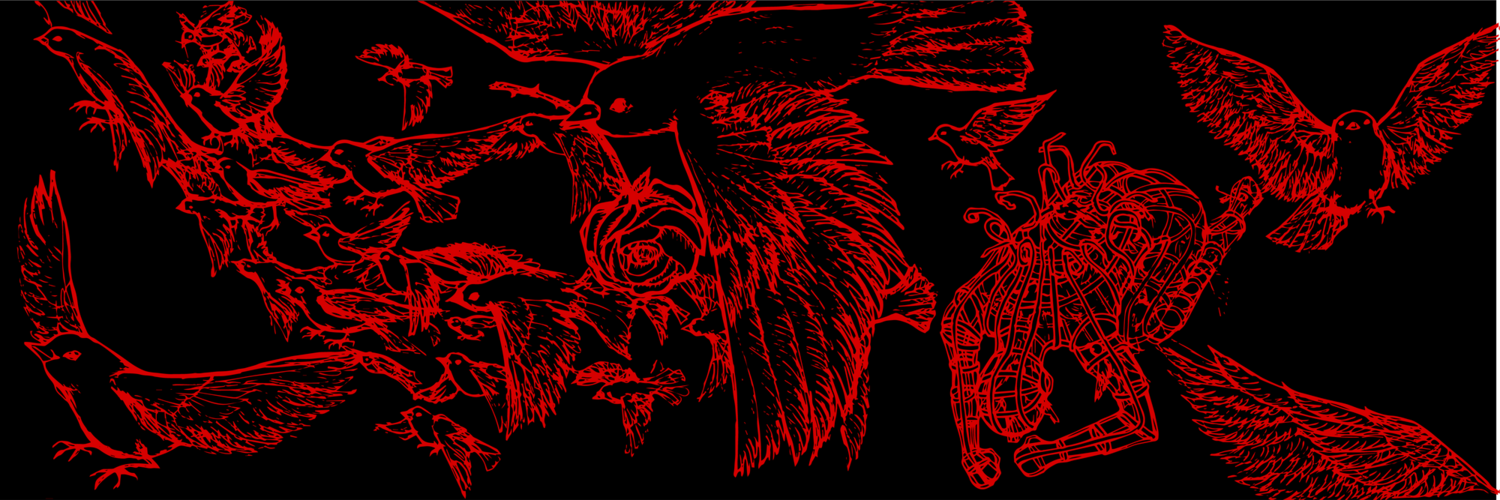 Image with black background and red line artwork. The artwork depicts birds, one of which holds a rose in its mouth, breaking out of a cage in the shape of a human body, and flying from right to left towards an implicit freedom.