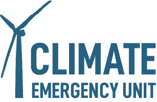 On the left, there's the silhouette of a wind turbine. To its right, the words "Climate Emergency Unit" are stacked. The whole logo is in dark blue.