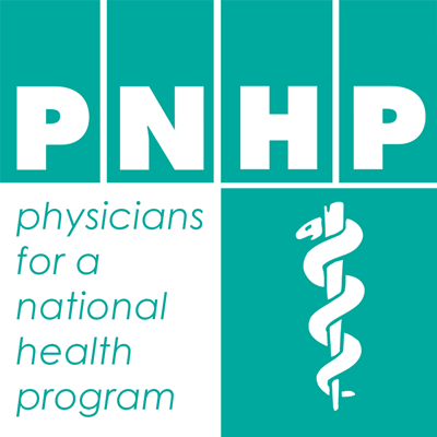 Logo for Physicians for National Health Program - "PNHP" in teal lettering with a caduceus.