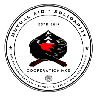 Cooperation Milwaukee logo with two redwing blackbirds stating "Mutual aid, solidarity, self-organization, direct action, non-hierarchy" and "Estd 2019"