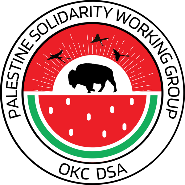 Logo for the Palestine Solidarity Working Group, featuring a watermelon with a bison silhouette and scissortail flycatchers flying above