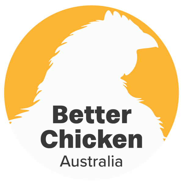 Better Chicken Australia logo: a yellow circle with the shape of a chicken in white and the organisation name inside