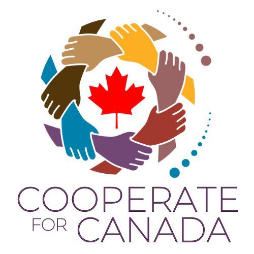 Cooperate for Canada logo. A circle of seven arms, tan, dark brown, turquoise, purple, sienna, plum, orange, with each hand holding onto the adjacent arm. In the middle of the circle is a red maple leaf. Cooperate for Canada appears in purple upper case.