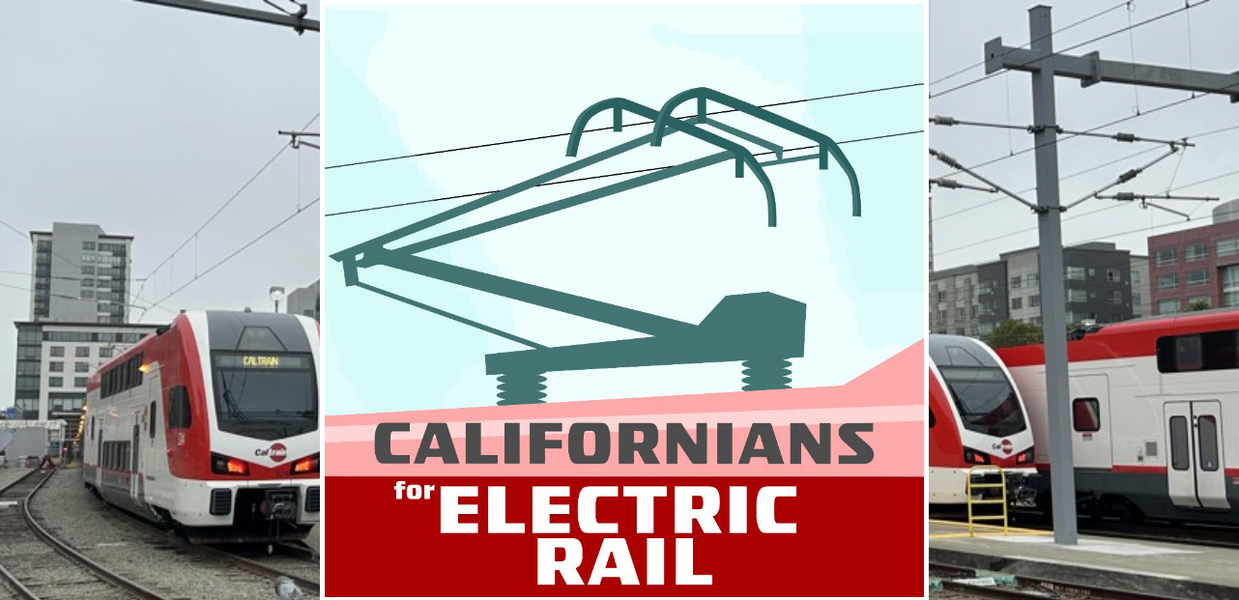 Five Caltrain electric multiple units under overhead catenary wires, with the Californians for Electric Rail logo superimposed. https://www.route-fifty.com/infrastructure/2024/08/commuter-rail-line-just-went-electric/398832/