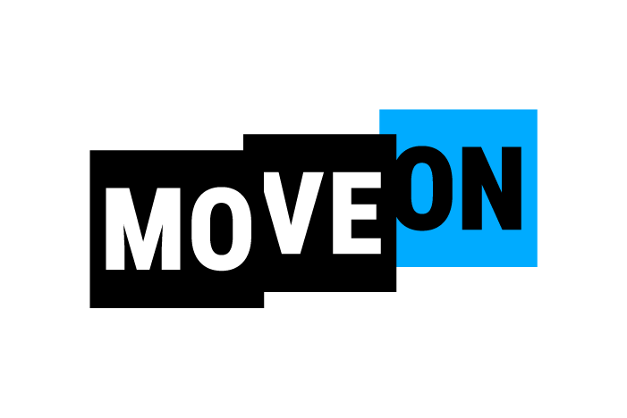 A logo featuring three overlapping squares that reads "MoveOn"