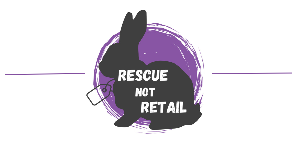 Rescue Not Retail Logo: A purple circle and a grey rabbit, with the words 'Rescue Not Retail' in block capitals