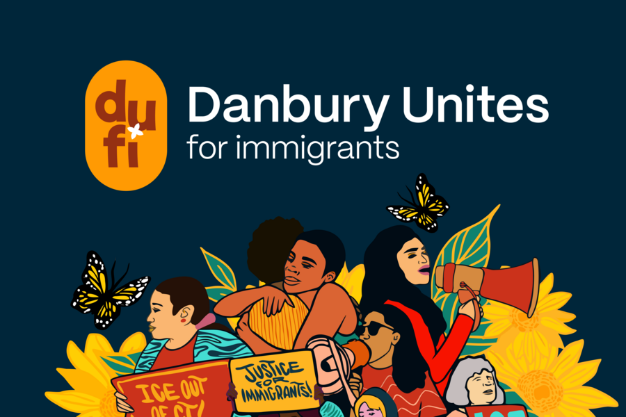 Danbury Unites For Immigrants logo and illustration of protestors