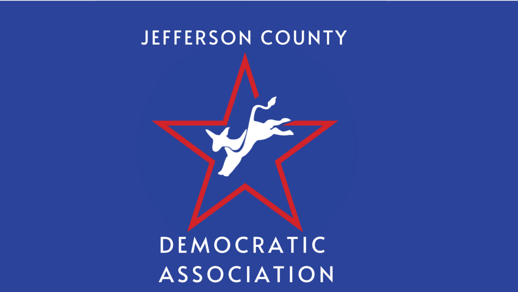 A Donkey in a red star on a blue field with the text "Jefferson County Democratic Associtation"