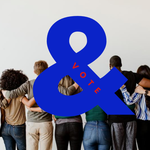 People joined together showing only their backs. The logo is a blue ampersand with the small word vote on the middle