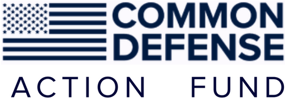 Logo featuring a stylized American flag next to the text "COMMON DEFENSE" above the words "ACTION FUND" in capital letters. 