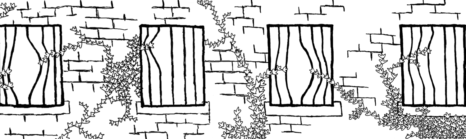 a black and white drawing of barred windows of a psych ward. Vines of ivy crawl up the side of the brick building and bend the bars on the windows open.