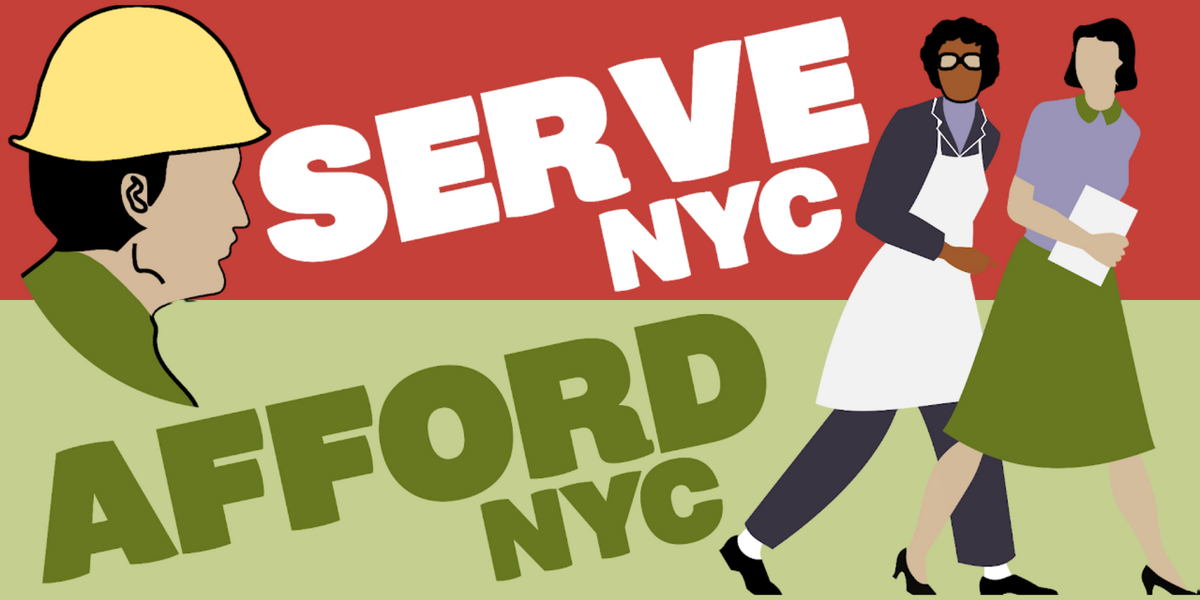 Logo with an illustration of a person in a hardhat and text that says "Serve NYC, Afford NYC" and another illustration to the right that has two workers standing next to each other.