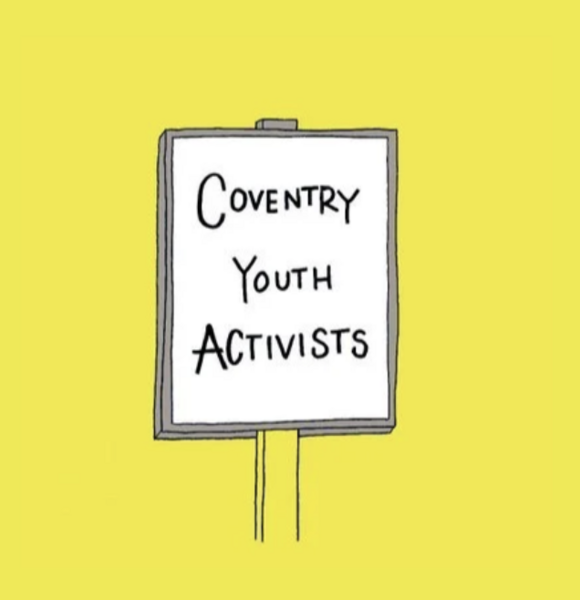 Yellow background, with a placard which reads Coventry Youth Activists