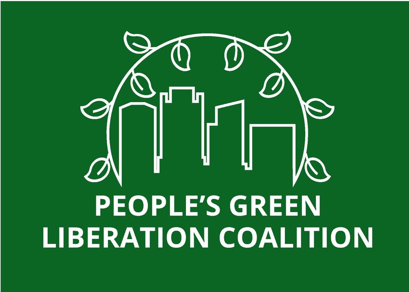 A kelly green logo of the Baltimore City skyline, outlined in white, with white leaves wreathed around the city. In white text, the front reads, "People's Green Liberation Coalition"