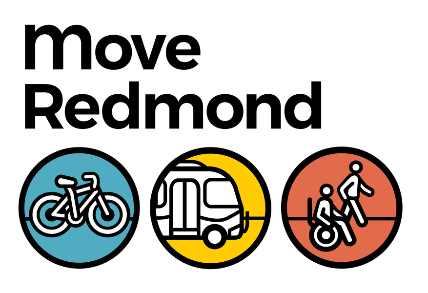 Move Redmond Logo with circles below of a bicycle a bus and a person walking next to a person in a wheelchair 