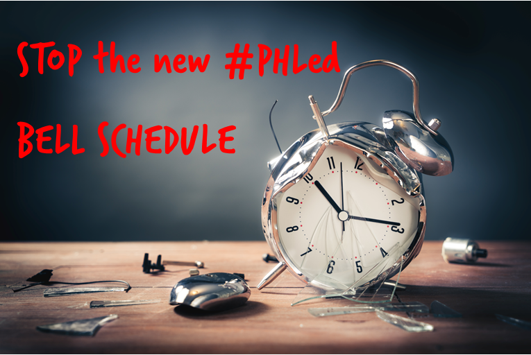 Busted alarm clock with the text "Stop the PHL ed bell schedule"