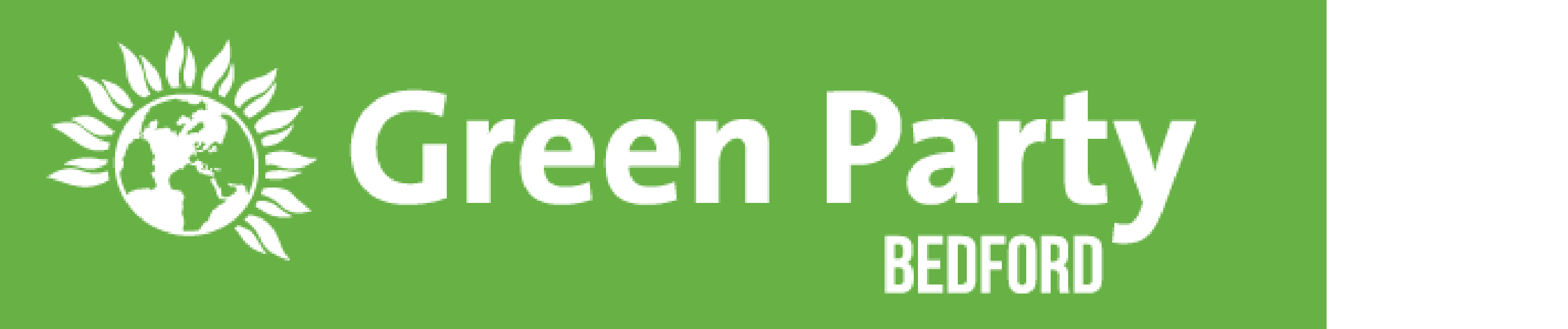 Bedford Green Party Banner Green Backgroud with white writing and world with petals logo.