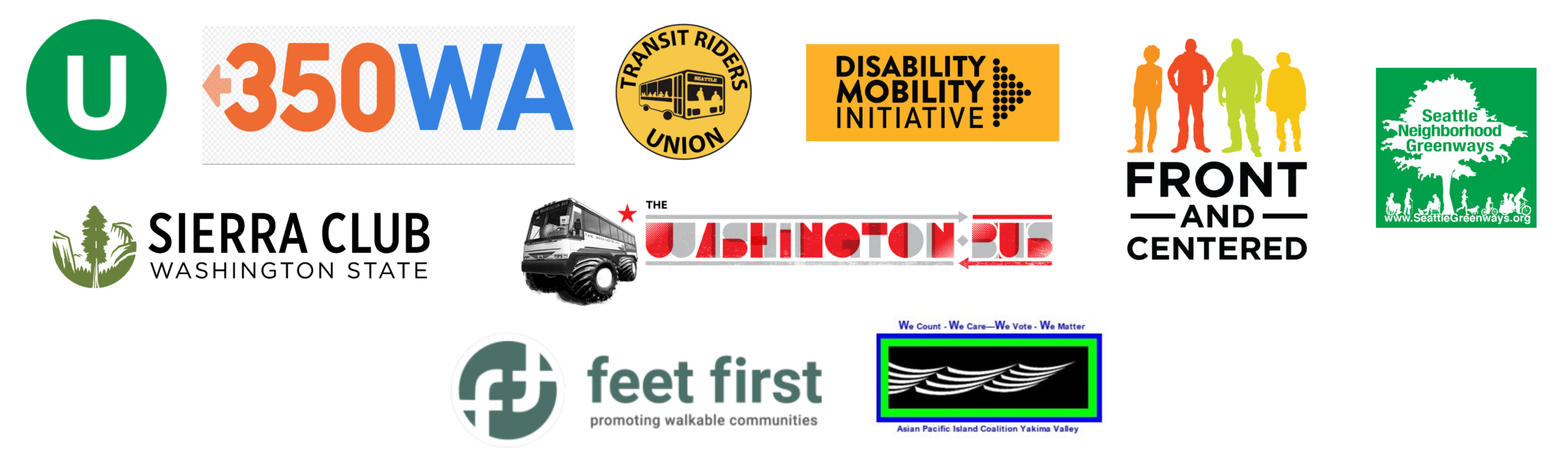 Logos of The Urbanist, 350 Washington, Transit Riders Union, Disability Mobility Initiative, Front and Centered, Seattle Neighborhood Greenways, Sierra Club Washington, The Washington Bus, Feet First, APIC of Yakima Valley