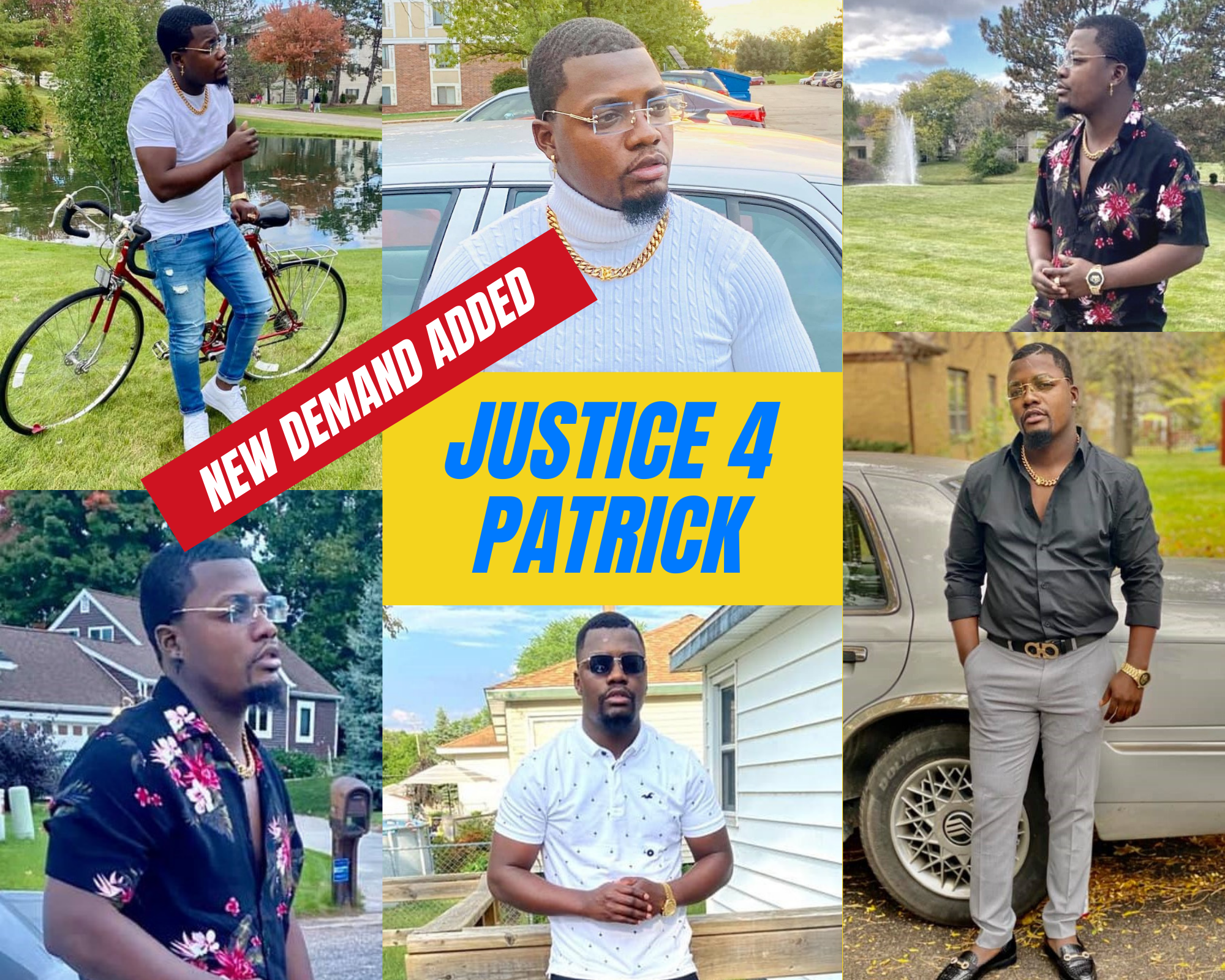 A photo collage of various images of Patrick Lyoya with the words "Justice 4 Patrick" in the center.  A red diagonal banner is overlaid on top, stating "New Demand Added."