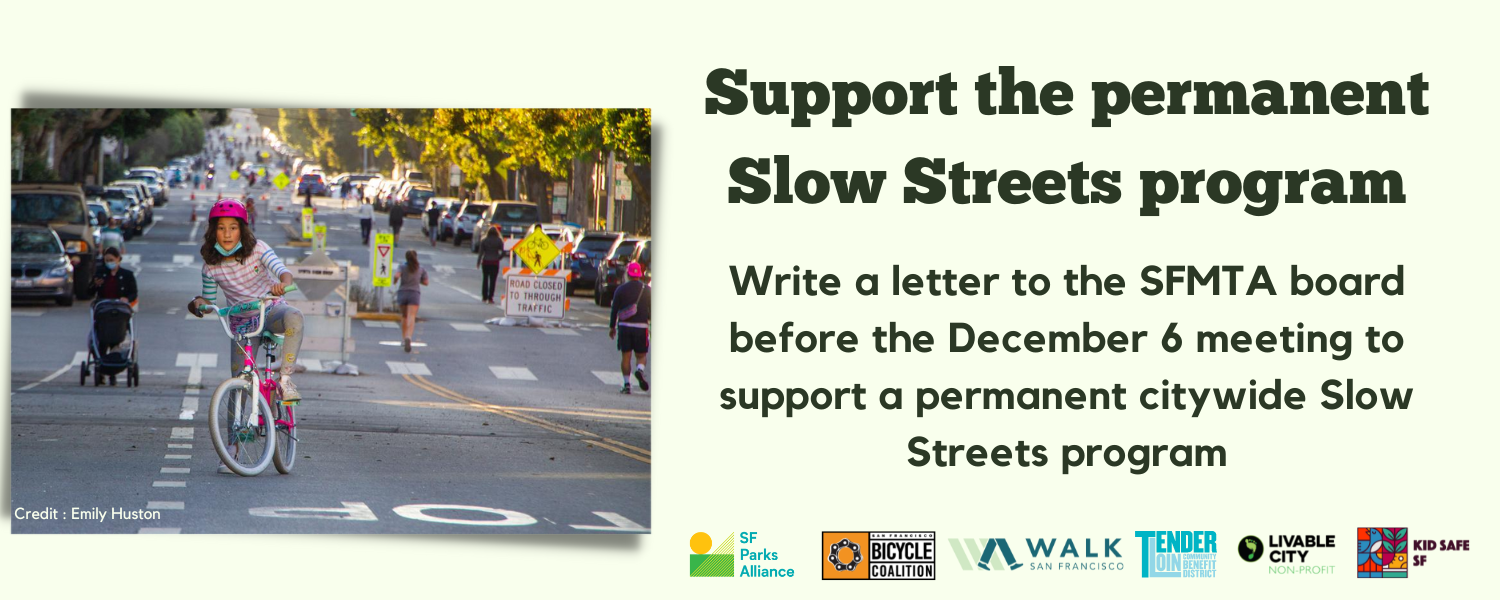 child riding a bike on slow street with headline to write a letter in support of Permanent Slow Streets by Dec 6