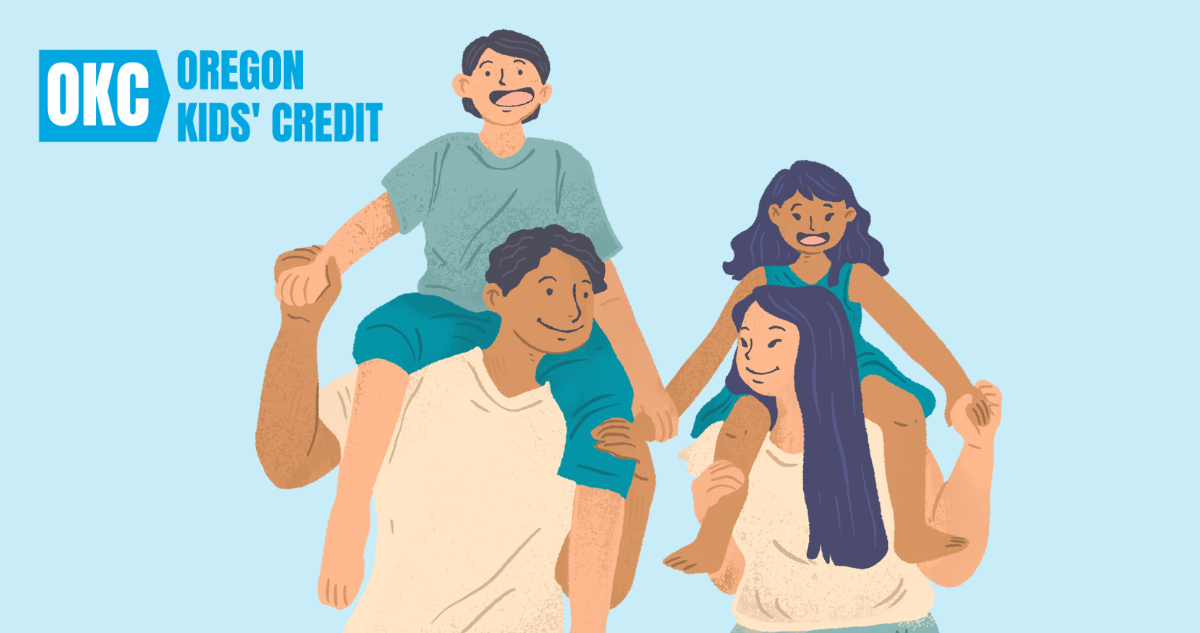 Illustration of a mother and father and their two children. The parents are carrying their children on their shoulders.