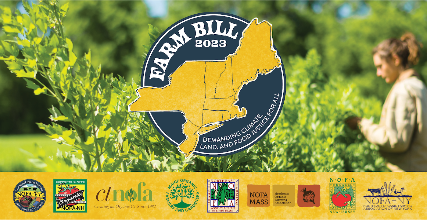 An image of a farmer overlayed with a graphic showing the states of New York, Vermont, New Hampshire, Maine, Massachusetts, Connecticut, New Jersey, and Rhode Island. Below, the logos of the organic farming associations in each state are displayed.