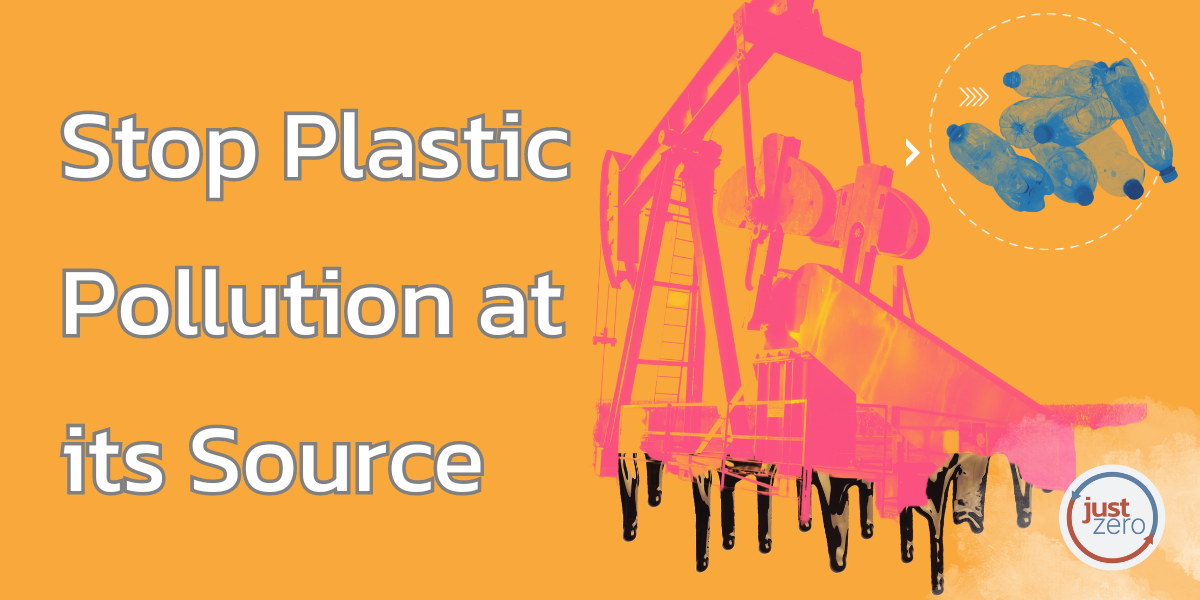 Oil rig with oil dripping from the bottom and an arrow pointing to a circle of plastic bottles