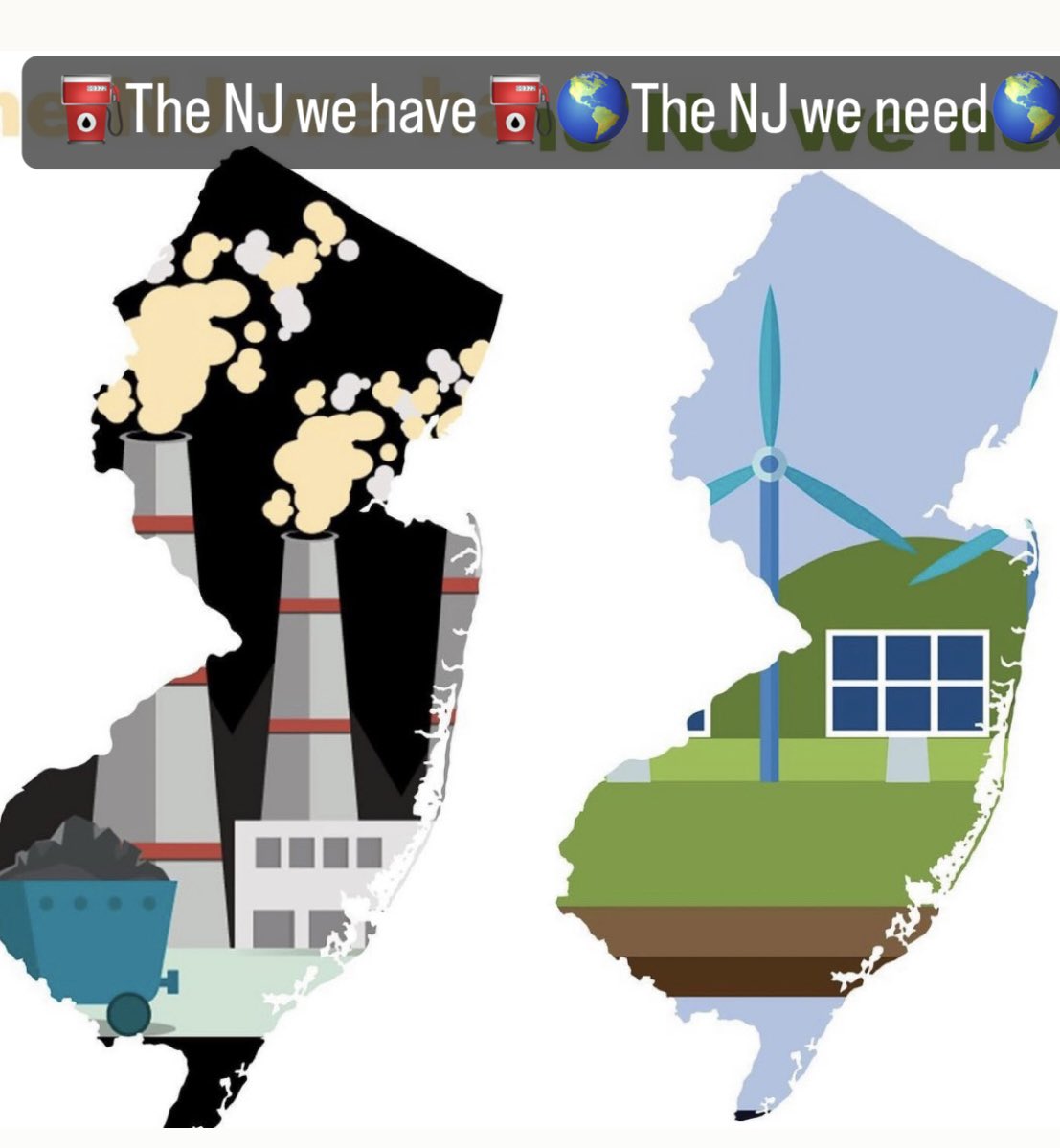 Two NJ cartoon Maps- one NJ needs greener and not old and dirty energy