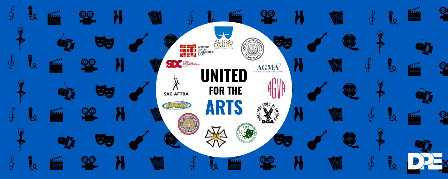 Blue graphic with union logos that says united for the arts