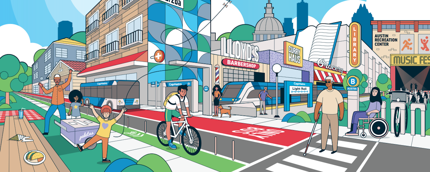 Transit-oriented development artwork depicting Austin mixed-use development with light rail station, bus lane, bike lane, sidewalks, bikeshare, and more