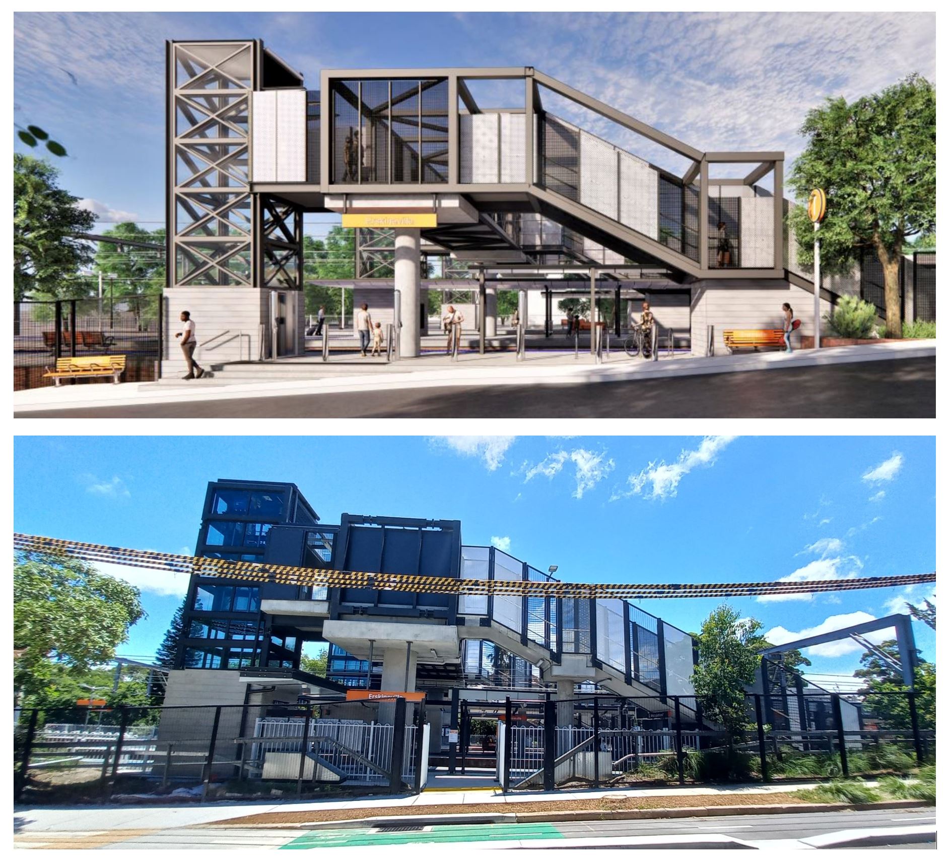 a comparison of the entrance shown to the public and the end result - note the narrow entrance, lack of benches and bike racks in the finished product