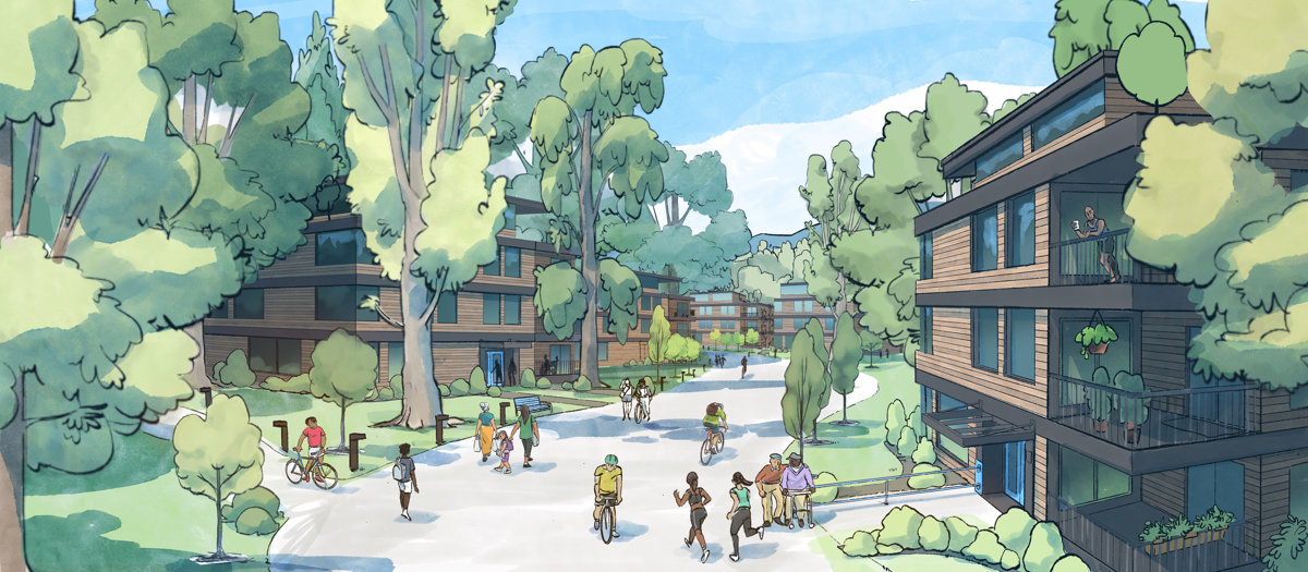Beautiful multi-family housing nestled in trees. Pedestrians and cyclists of all ages, races, and abilities walk through the courtyard on a wide multi-use path.