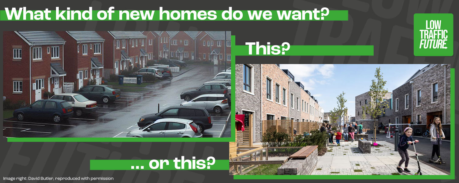 An image showing two photos - one of a drab, grey housing development and another showing a vibrant community filled with people. The graphic asks 'this... or this?'
