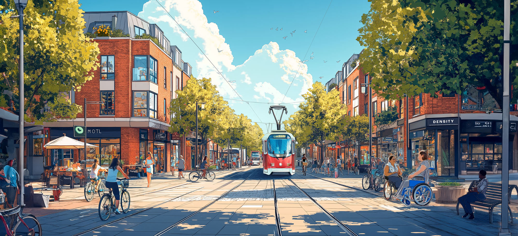 An AI generated cartoon image showing a vibrant UK town centre with shops. medium density homes, people walking, cycling and wheeling. Benches. Tram moving towards the camera. Blue skies.