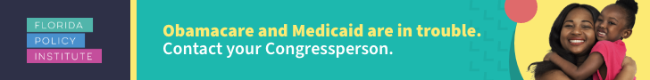 This graphic has text that reads: "Florida Policy Institute. Obamacare and Medicaid are in trouble. Contact your Congressperson."