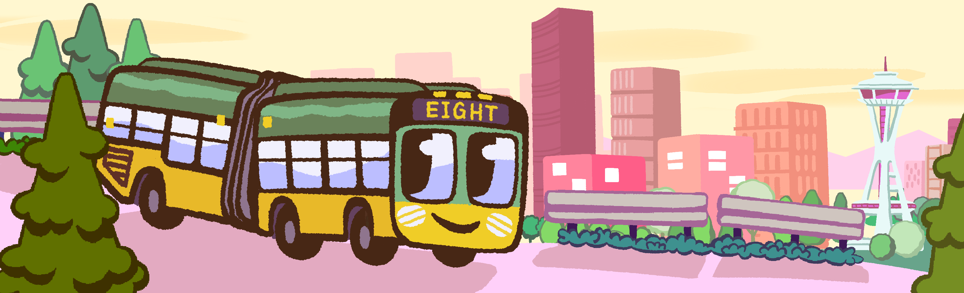 Drawing of a happy King County metrobus in Seattle.